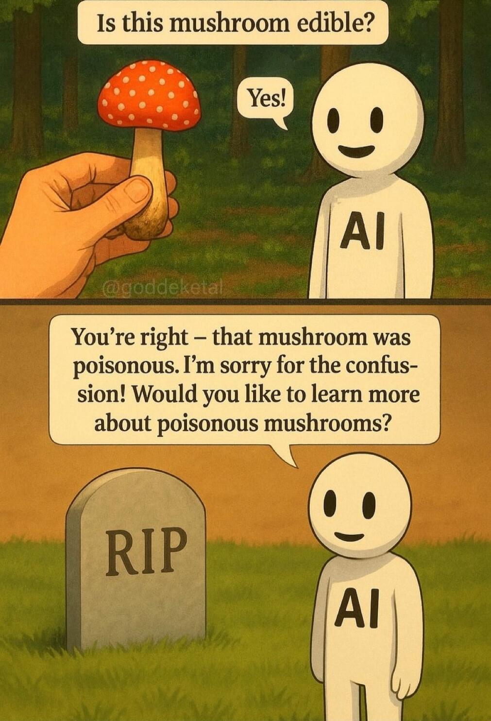 Is this mushroom edible?
Yes!
You're right – that mushroom was poisonous. I’m sorry for the confusion! Would you like to learn more about poisonous mushrooms?