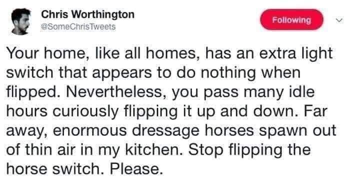 F i 2 Your home like all homes has an extra light switch that appears to do nothing when flipped Nevertheless you pass many idle hours curiously flipping it up and down Far away enormous dressage horses spawn out of thin air in my kitchen Stop flipping the horse switch Please