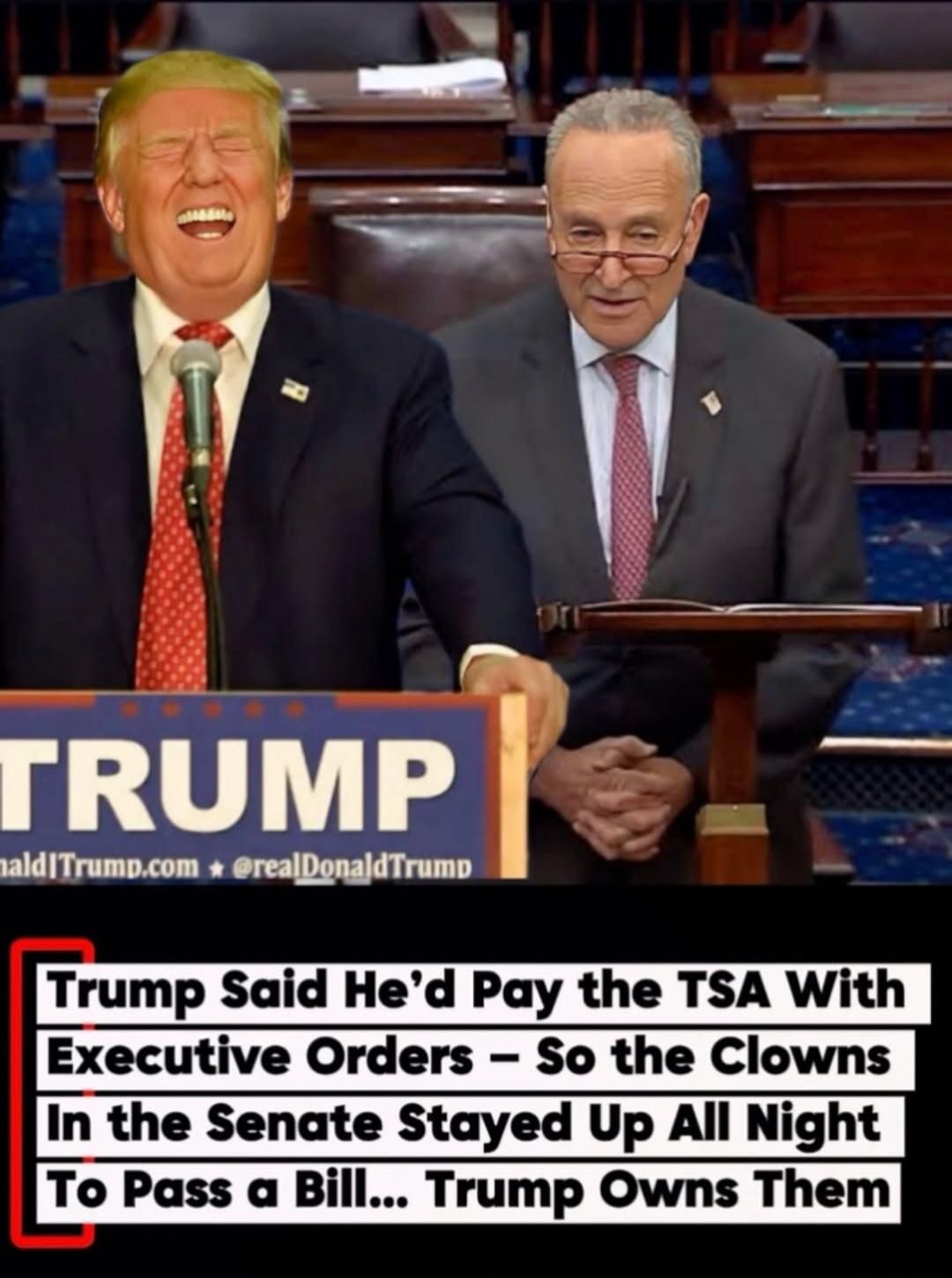 TRUMP donaldjtrump.com @realDonaldTrump Trump Said He'd Pay the TSA With Executive Orders – So the Clowns In the Senate Stayed Up All Night To Pass a Bill... Trump Owns Them