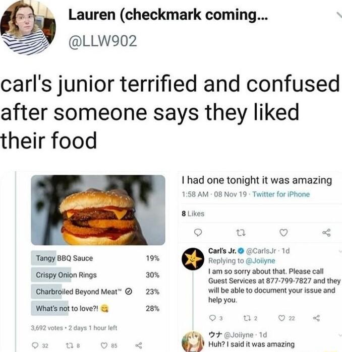 Lauren checkmark coming 7 LLW902 carls junior terrified and confused after someone says they liked their food Ihad one tonight it was amazing 58AM 08 Nov 19 Twitrfor Phne Tangy B0 Sauce 1 1am 50 sorry about that Please call Crispy Orion Ringe o e Guest Srvices ot 6777997827 and they Chatbroted Beyond Meat 23 willbe able o document you ssue and heloyou Whats ot tolove S