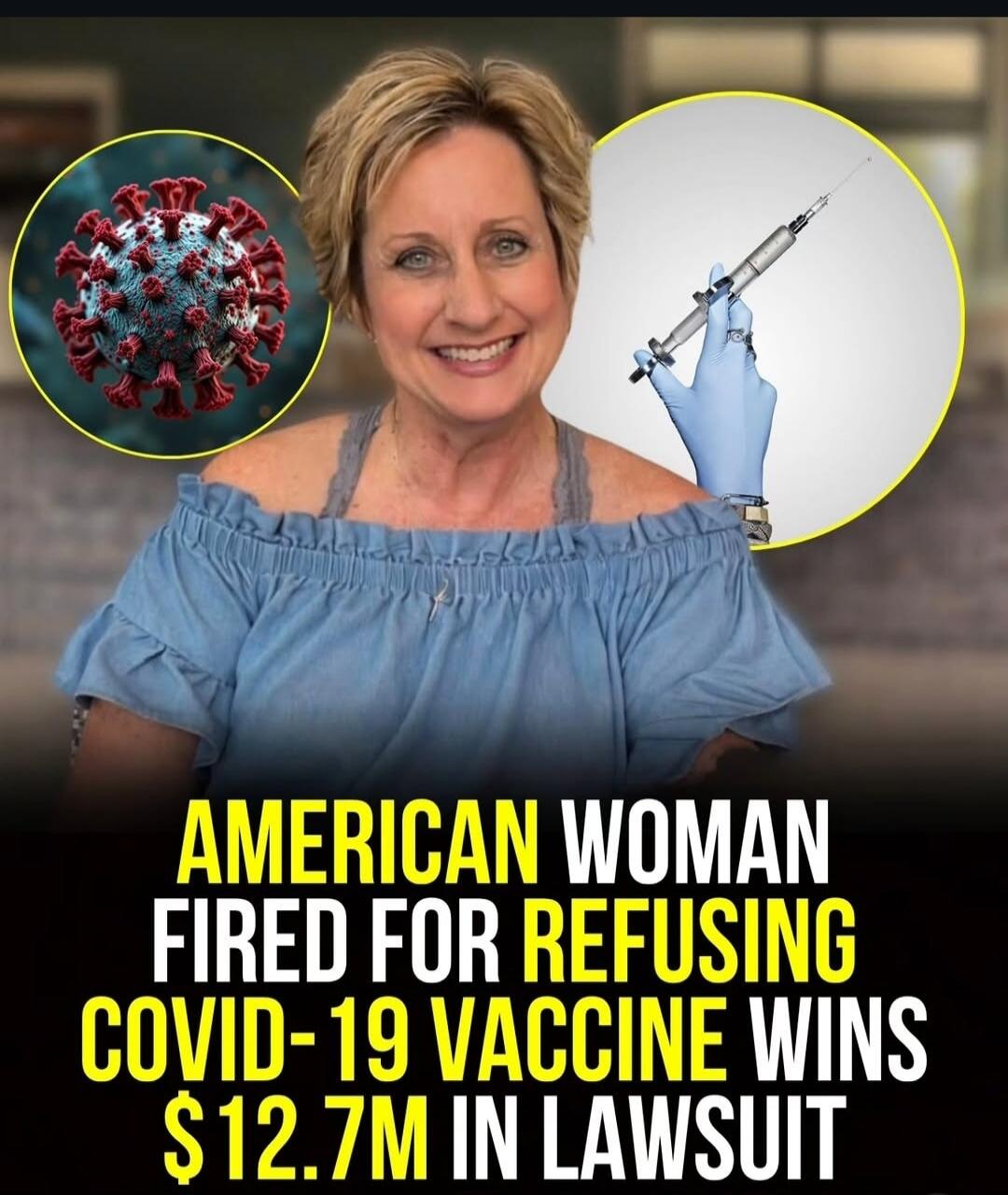 An American woman smiles, with a 3D model of the COVID-19 virus on her left and a hand in a blue glove holding a syringe on her right. The text reads: 