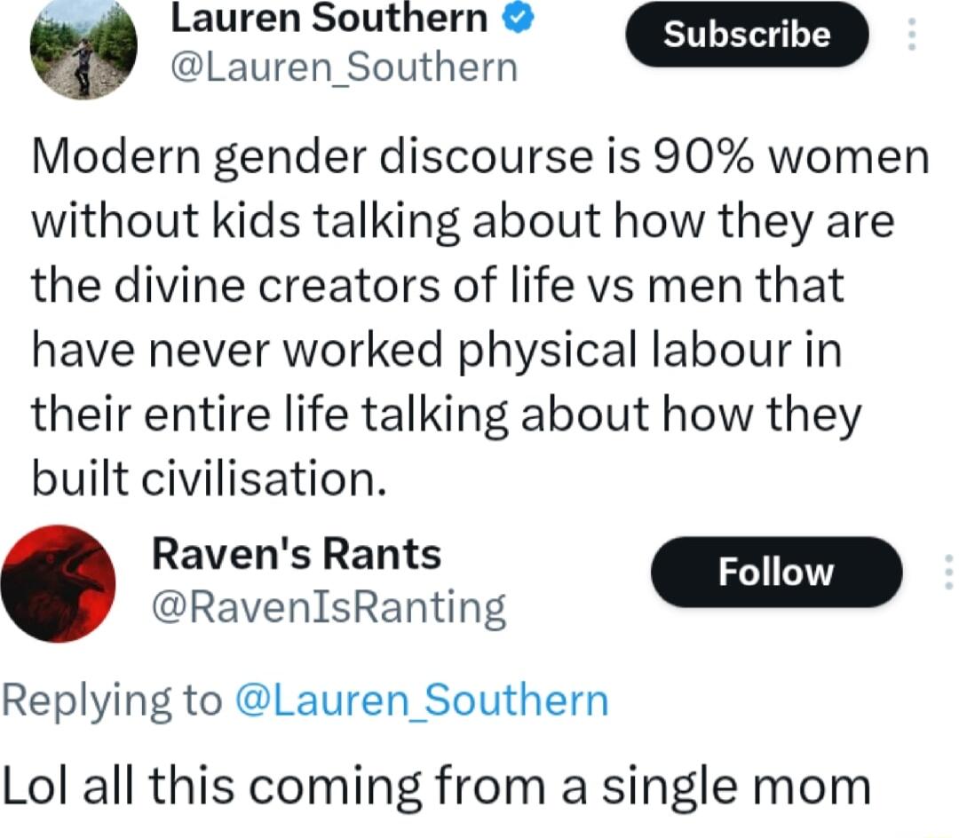 Lauren Southern Lauren_Southern Modern gender discourse is 90 women without kids talking about how they are the divine creators of life vs men that have never worked physical labour in their entire life talking about how they built civilisation Ravens Rants RavenIsRanting m Replying to Lauren_Southern Lol all this coming from a single mom