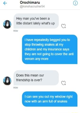 Orochimaru konohacrusher54 Hey man youve been a little distant lately whats up now Does this mean our friendship Is over 0 a