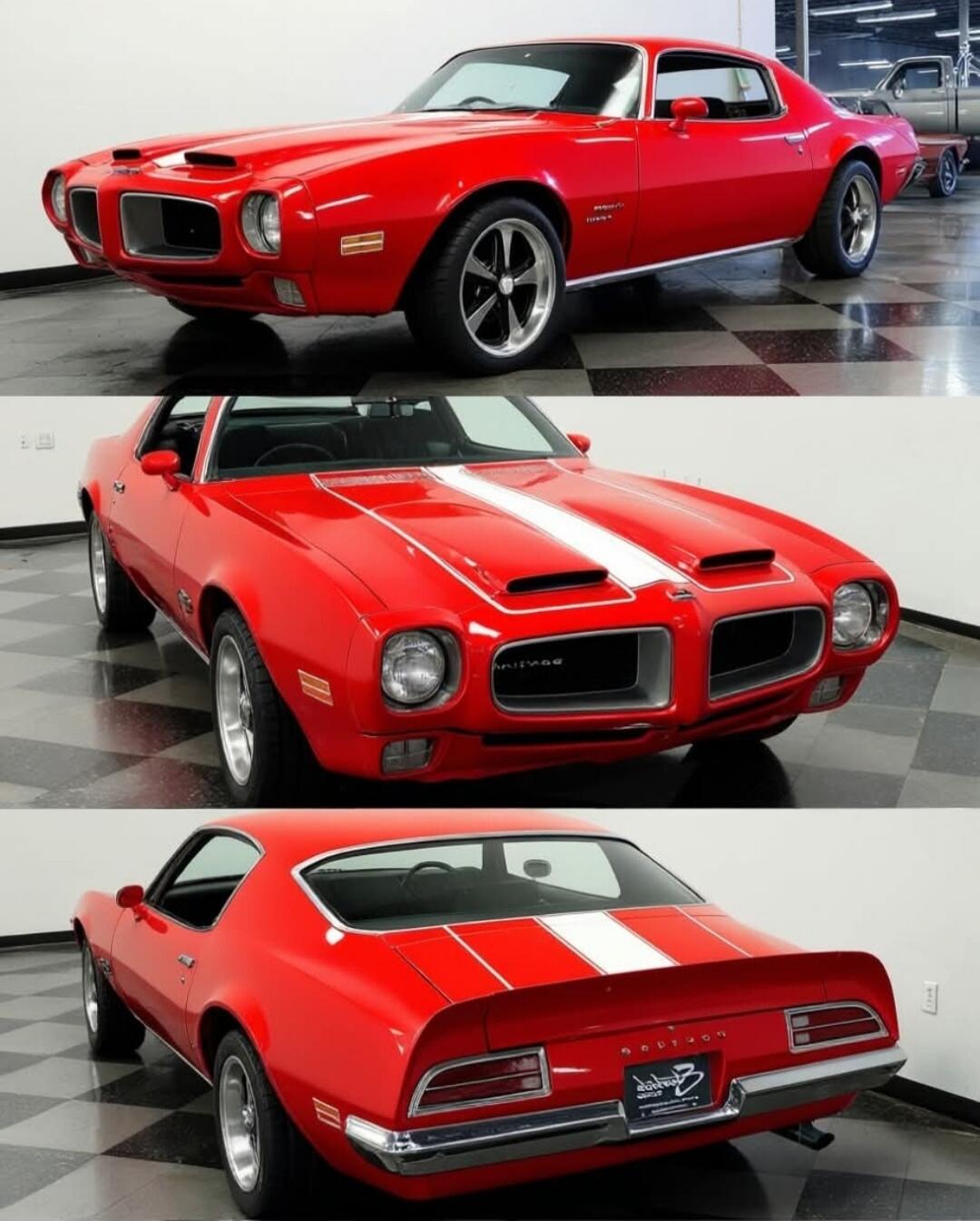 Red 1969-1970 Pontiac Firebird Trans Am muscle car with white racing stripes, shown from front, side, and rear angles.