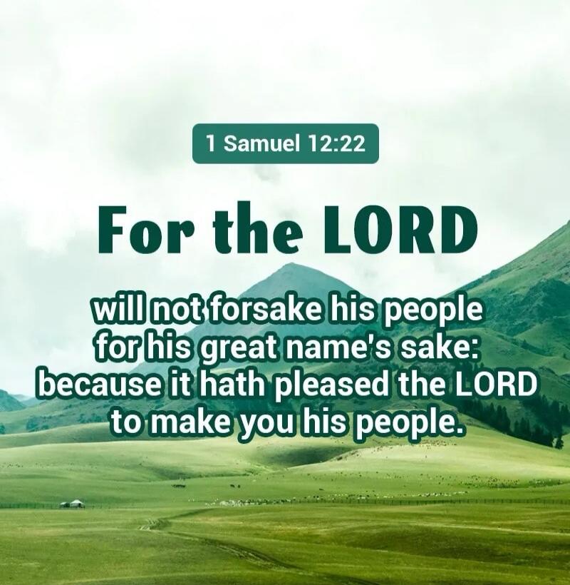 1 Samuel 12:22 For the LORD will not forsake his people for his great name's sake: because it hath pleased the LORD to make you his people.