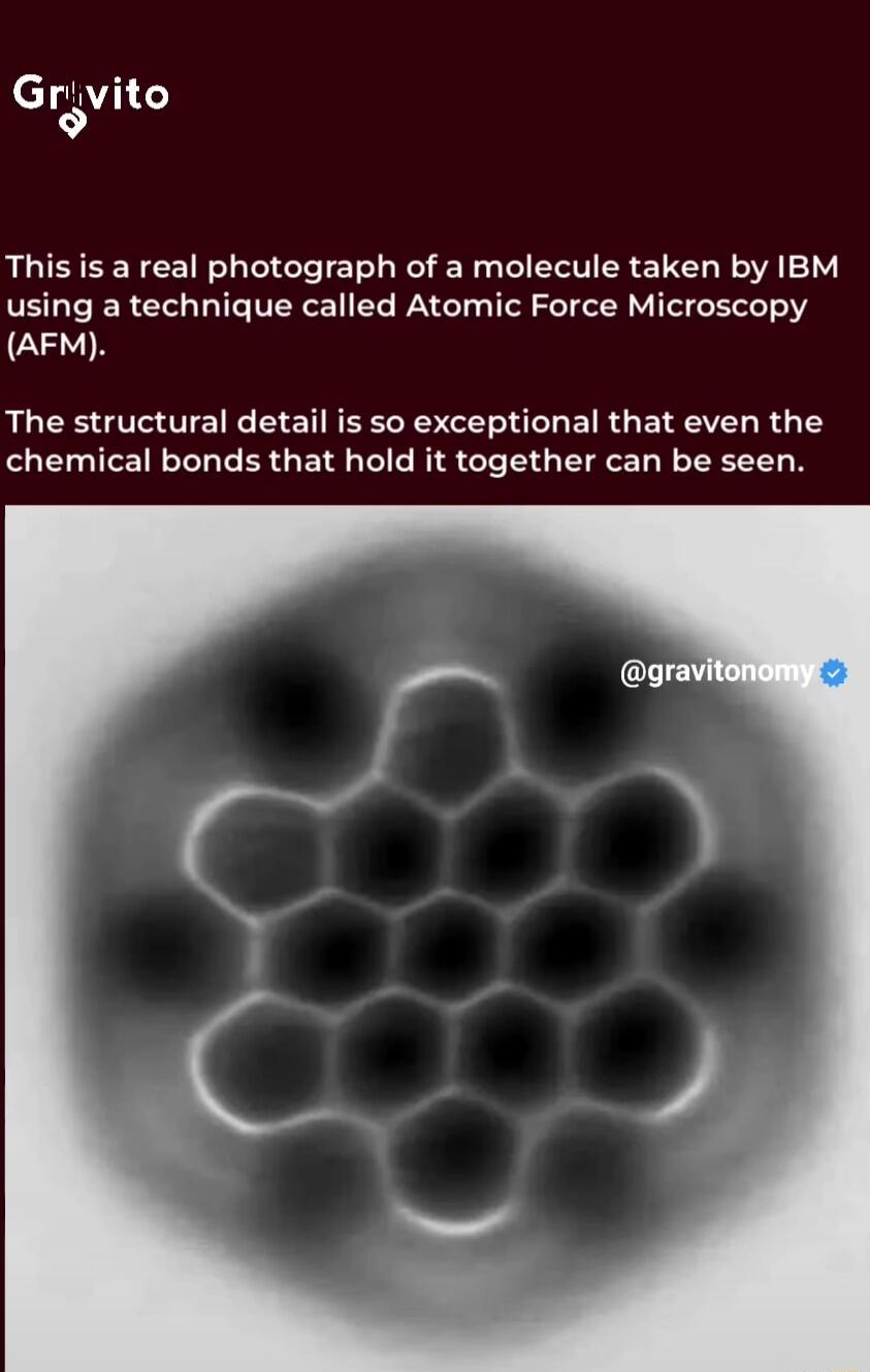 Grsvito This is a real photograph of a molecule taken by IBM ELTERCT LI VERCE T ALY TS SRR VT BT AFM LLEE VEEE EETREER T GG EIRGEIEEL R G chemical bonds that hold it together can be seen