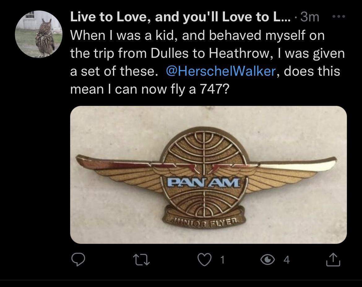 Live to Love and youll Love to L 3m When was a kid and behaved myself on the trip from Dulles to Heathrow was given a set of these HerschelWalker does this mean can now fly a 7477