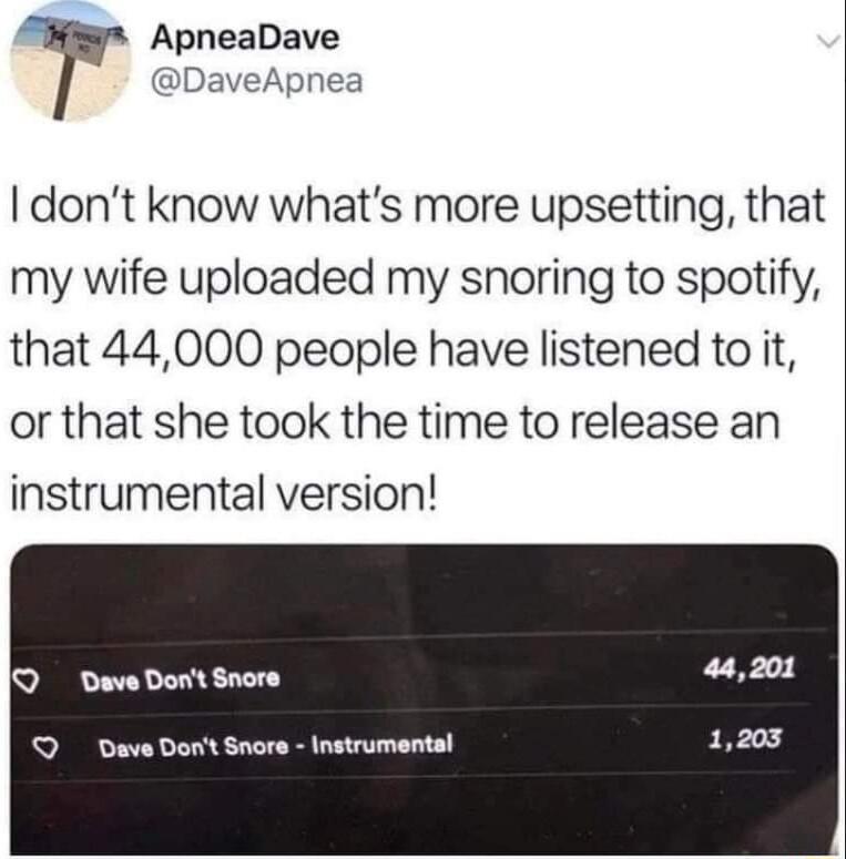 neaDave aveApnea dont know whats more upsetting that my wife uploaded my snoring to spotify that 44000 people have listened to it or that she took the time to release an instrumental version QO Dave Dont Snore Dave Dont Snore Instrumental