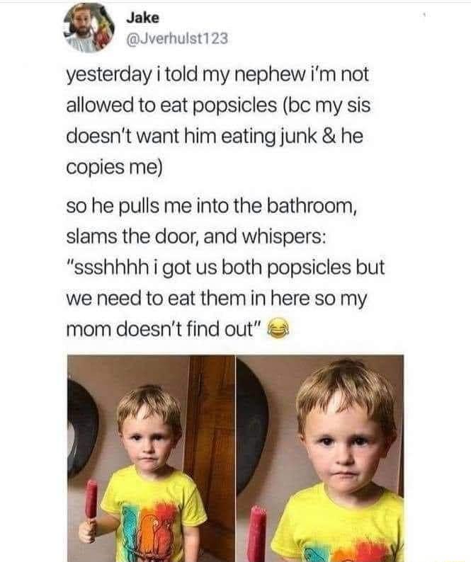 Jake Jverhulst123 yesterday i told my nephew im not allowed to eat popsicles bc my sis doesnt want him eating junk he copies me so he pulls me into the bathroom slams the door and whispers ssshhhh i got us both popsicles but we need to eat them in here so my mom doesnt find out
