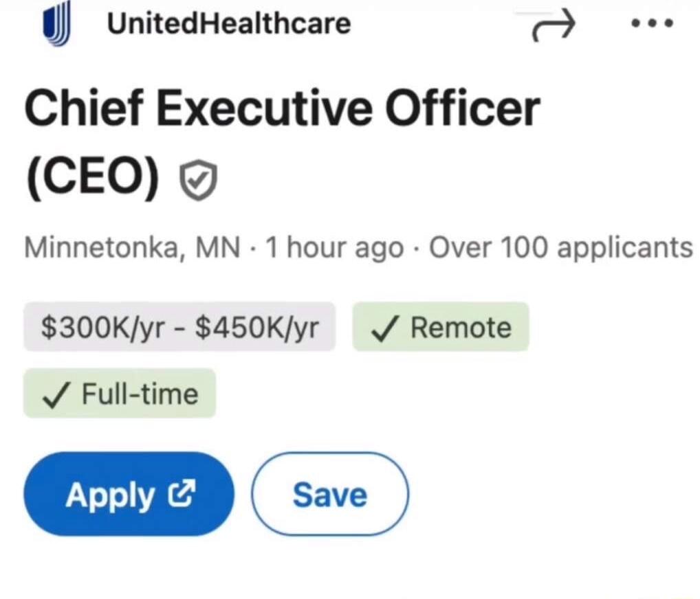 ul UnitedHealthcare Chief Executive Officer CEO Minnetonka MN 1 hour ago Over 100 applicants 300Kyr 450Kyr Remote Full time