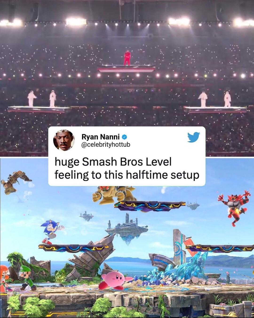 Nanni lebrityhottub huge Smash Bros Level feeling to this halftime setup