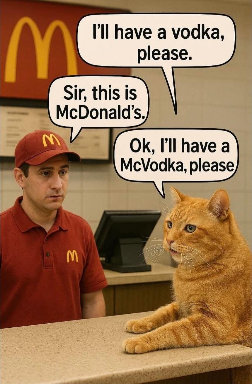 I'll have a vodka, please.
Sir, this is McDonald's.
Ok, I'll have a McVodka, please