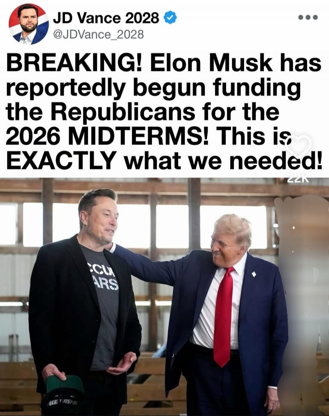 JD Vance 2028 @JDVance_2028 BREAKING! Elon Musk has reportedly begun funding the Republicans for the 2026 MIDTERMS! This is EXACTLY what we needed! (Elon Musk's T-shirt says 'CCU ARS')