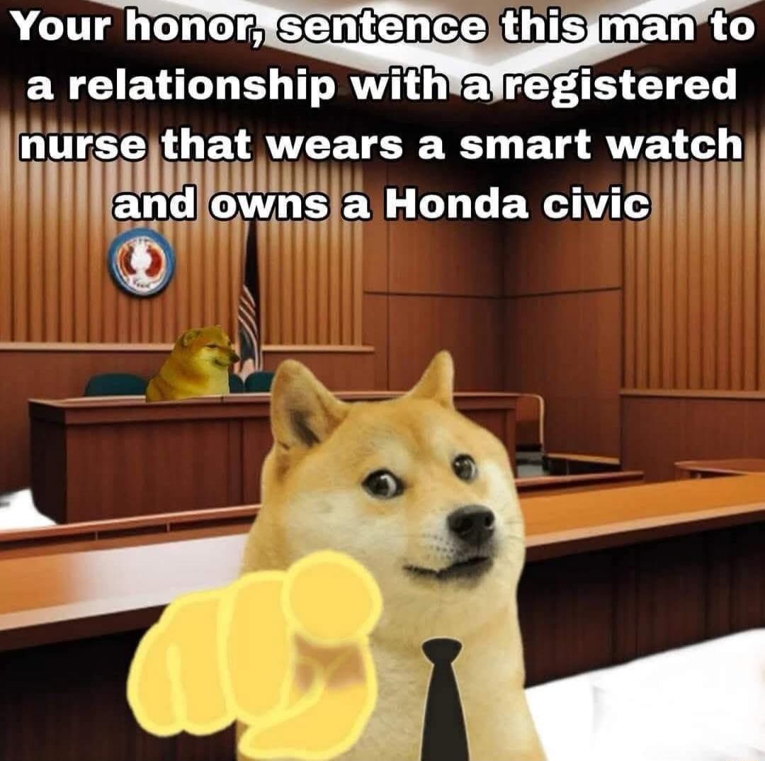 Your honor, sentence this man to a relationship with a registered nurse that wears a smart watch and owns a Honda civic