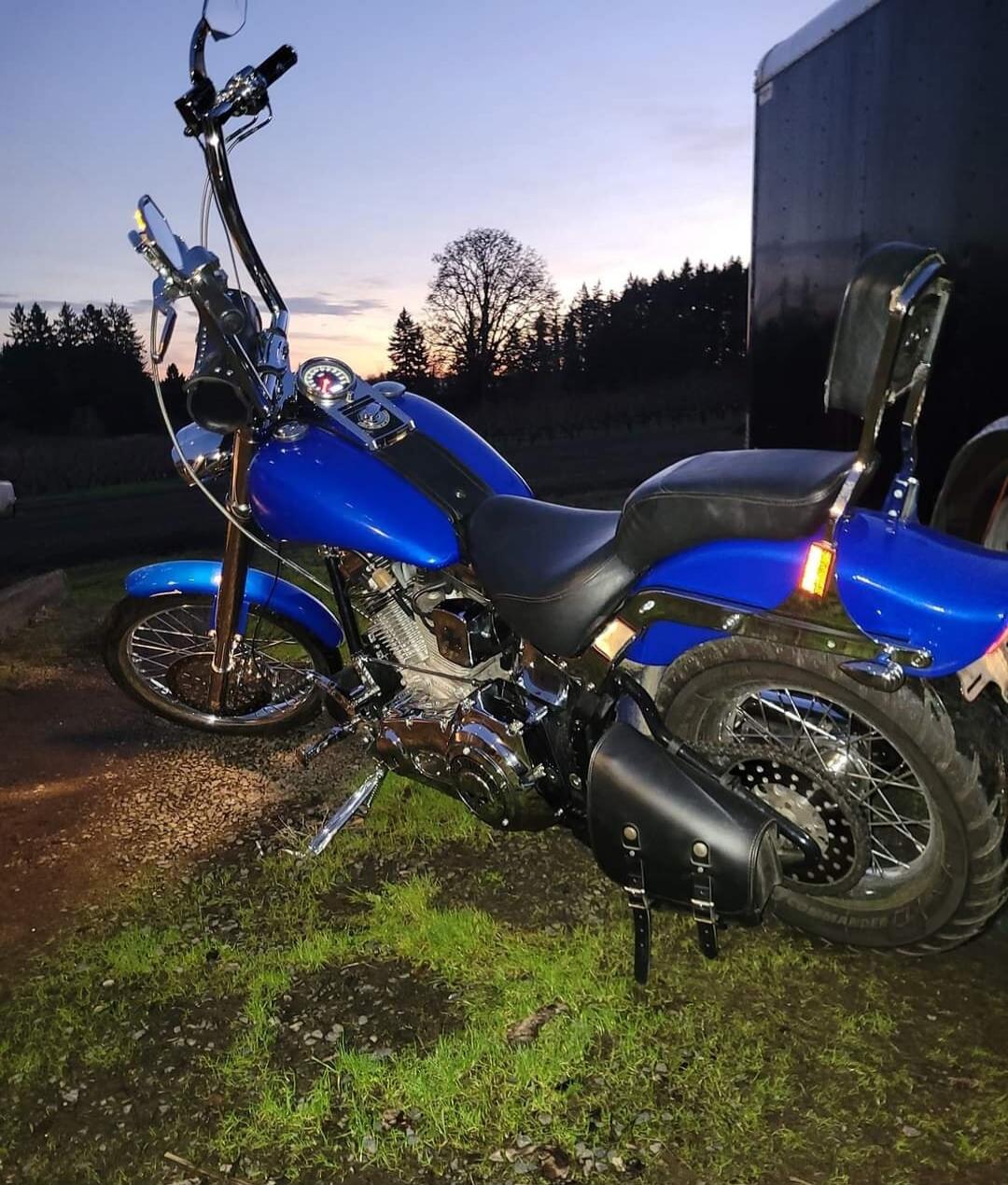 Blue motorcycle parked on grass at dusk.