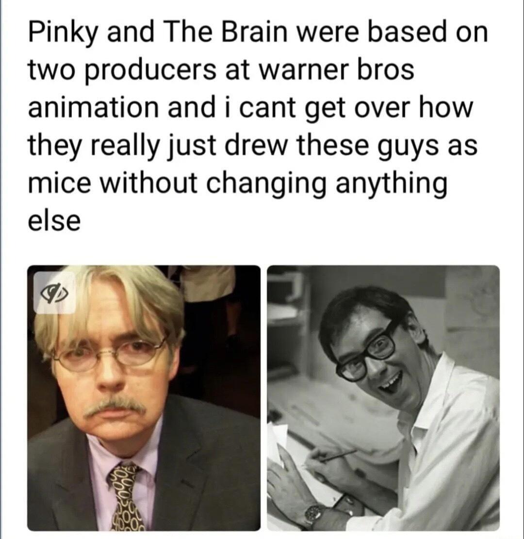 Pinky and The Brain were based on two producers at warner bros animation and i cant get over how they really just drew these guys as mice without changing anything else