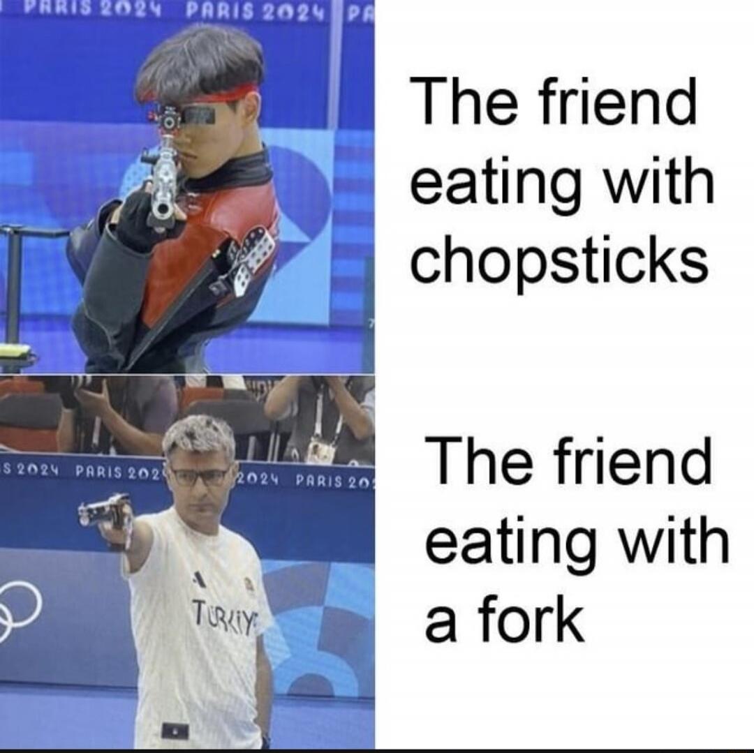 The friend eating with chopsticks. The friend eating with a fork. PARIS 2024. TURKIY.