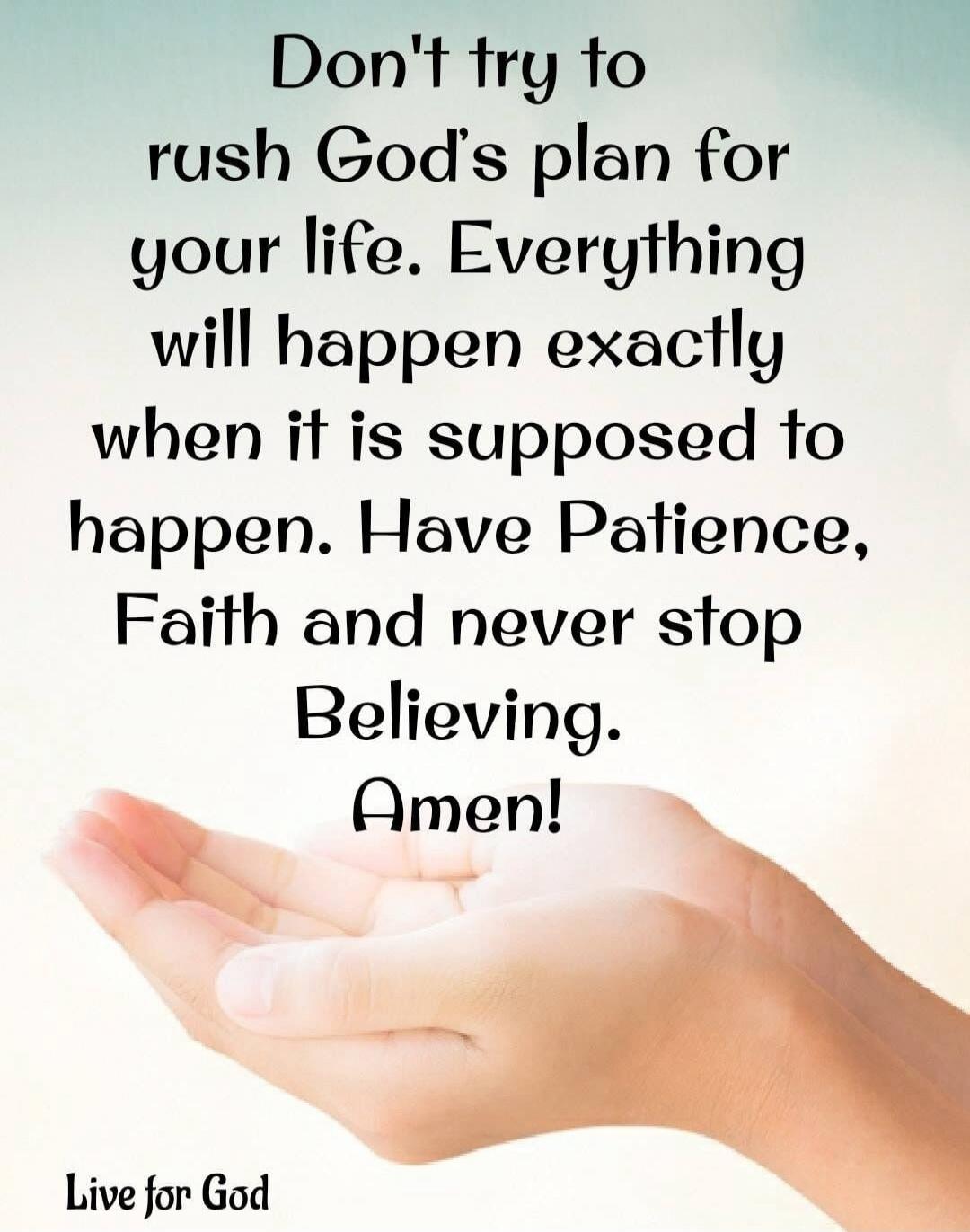 Don't try to rush God's plan for your life. Everything will happen exactly when it is supposed to happen. Have Patience, Faith and never stop Believing. Amen! Live for God