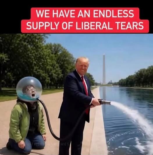 WE HAVE AN ENDLESS SUPPLY OF LIBERAL TEARS. Donald Trump is seen holding a hose and spraying water into a clear bubble helmet worn by a person kneeling. The person inside the helmet appears to be screaming as the water fills up.