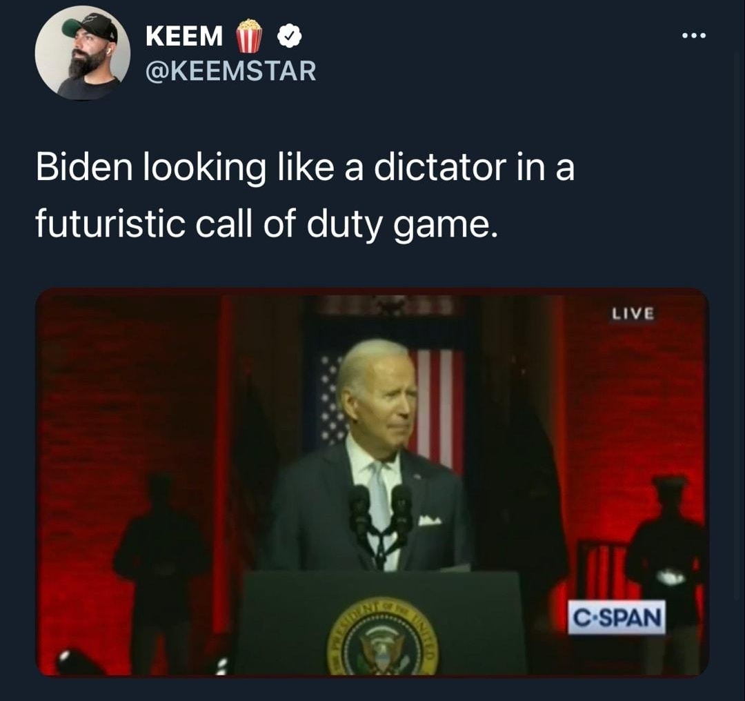1238 ull T KEEM f KEEMSTAR Biden looking like a dictator in a futuristic call of duty game uve 0 S 828 PM 9122 Twitter for iPhone 155 Retweets 12 Quote Tweets 2690 Likes Q et L 4