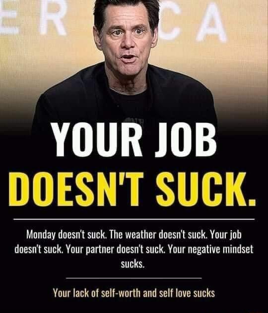 YOUR JOB OESNT SUCK Monday doesnt suck The weather doesnt suck Your job doesnt suck Your partner doesnt suck Your negative mindset sucks Your lack of self worth and self love sucks