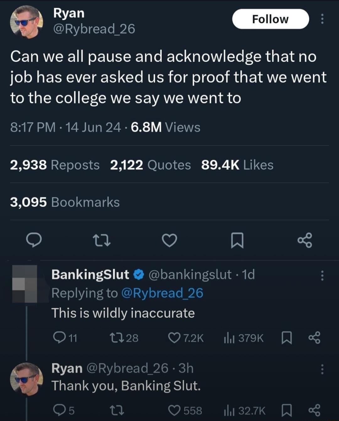 Ryan Foll GRybread 26 Can we all pause and acknowledge that no job has ever asked us for proof that we went to the college we say we went to 817 PM 14 Jun 24 68M Views PRk ERGEICI A b P NOlUCICER X QRICH 3095 Bookmarks n v R BankingSlut bankingslut 1d Replying to Rybread_26 This is wildly inaccurate 3 02 Q72K il 379K Ryan Rybread 26 3h Thank you Banking Slut A