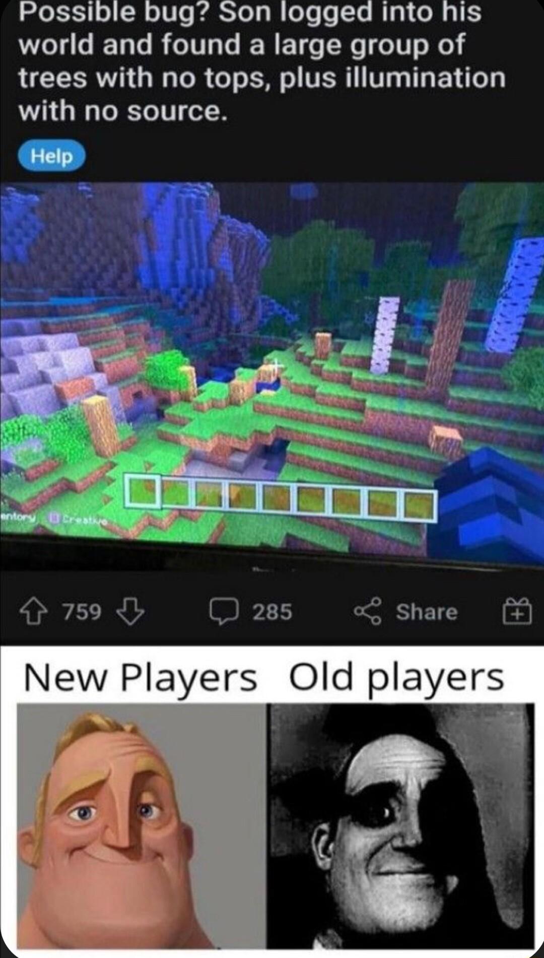Possible bug Son logged into his world and found a large group of trees with no tops plus illumination with no source Help 759 1 Share