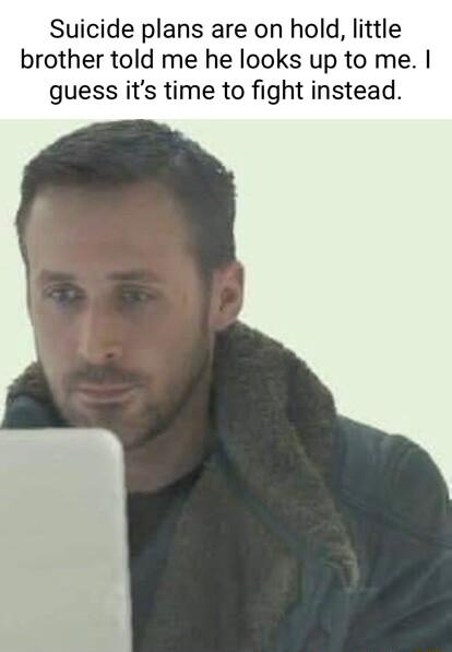 Suicide plans are on hold little brother told me he looks up to me guess its time to fight instead