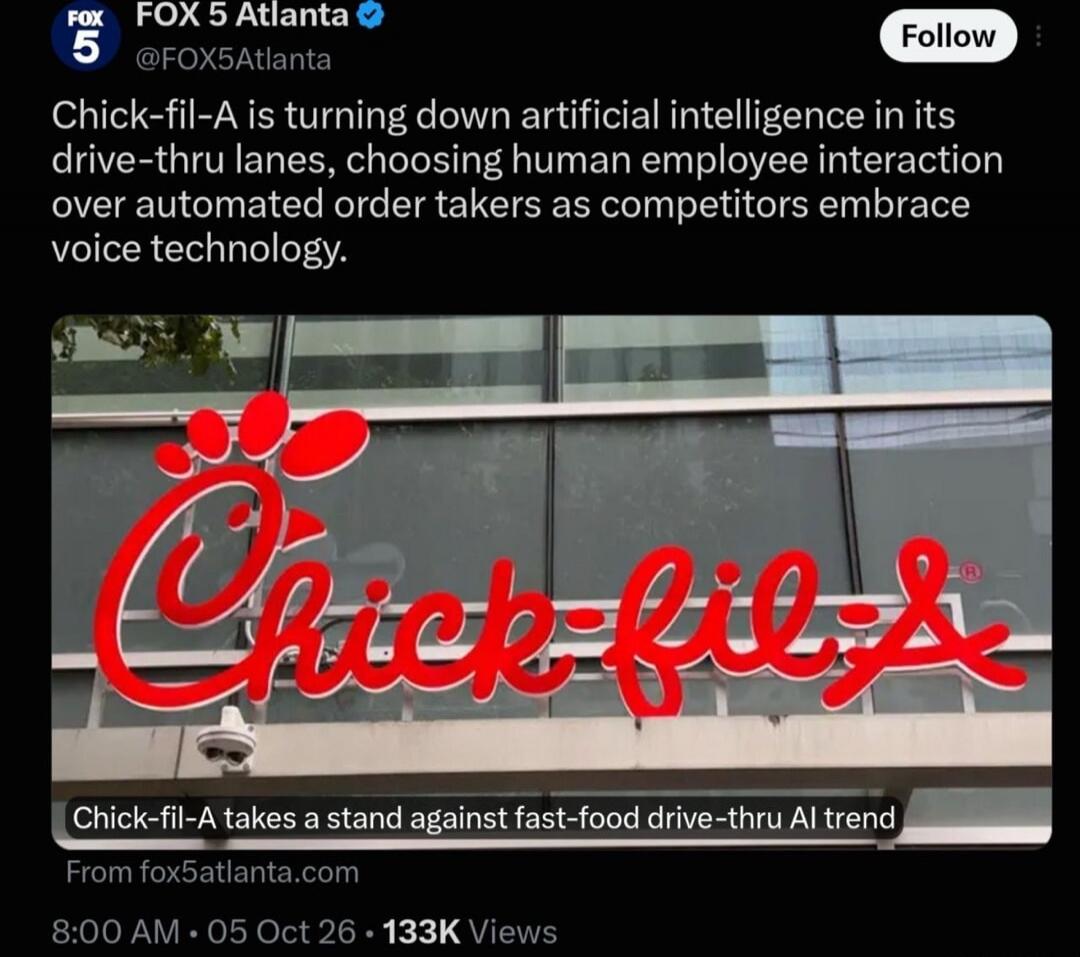 Chick-fil-A is turning down artificial intelligence in its drive-thru lanes, choosing human employee interaction over automated order takers as competitors embrace voice technology. Chick-fil-A takes a stand against fast-food drive-thru AI trend.