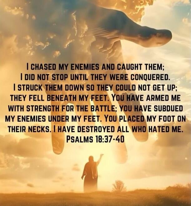I CHASED MY ENEMIES AND CAUGHT THEM; I DID NOT STOP UNTIL THEY WERE CONQUERED. I STRUCK THEM DOWN SO THEY COULD NOT GET UP; THEY FELL BENEATH MY FEET. YOU HAVE ARMED ME WITH STRENGTH FOR THE BATTLE; YOU HAVE SUBDUED MY ENEMIES UNDER MY FEET. YOU PLACED MY FOOT ON THEIR NECKS. I HAVE DESTROYED ALL WHO HATED ME. PSALMS 18:37-40
