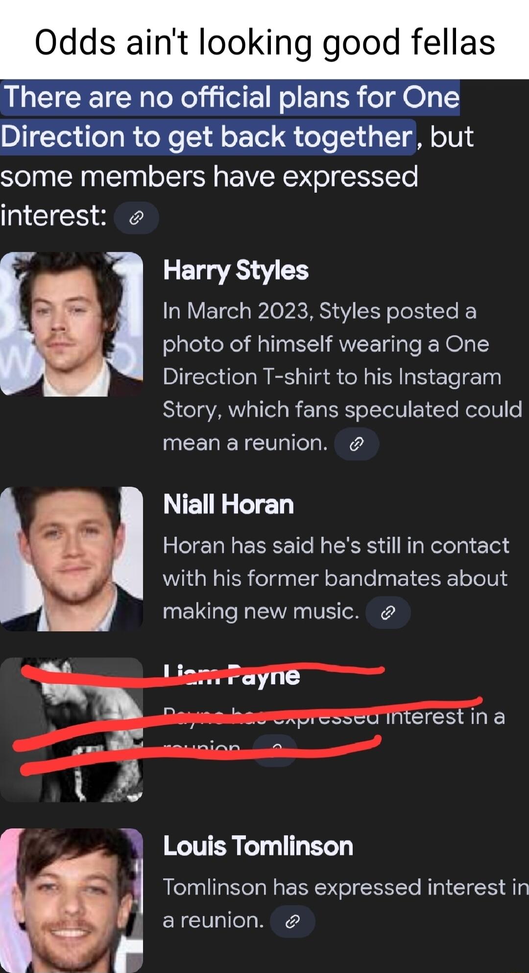 dds aint looking good fellas interest Harry Styles In March 2023 Styles posted a photo of himself wearing a One Direction T shirt to his Instagram Story which fans speculated could QRN e Niall Horan Horan has said hes still in contact with his former bandmates about making new music Louis Tomlinson Tomlinson has expressed interest in ERCULICT R