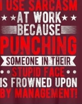 I USE SARCASM AT WORK BECAUSE PUNCHING SOMEONE IN THEIR STUPID FACE IS FROWNED UPON BY MANAGEMENT!