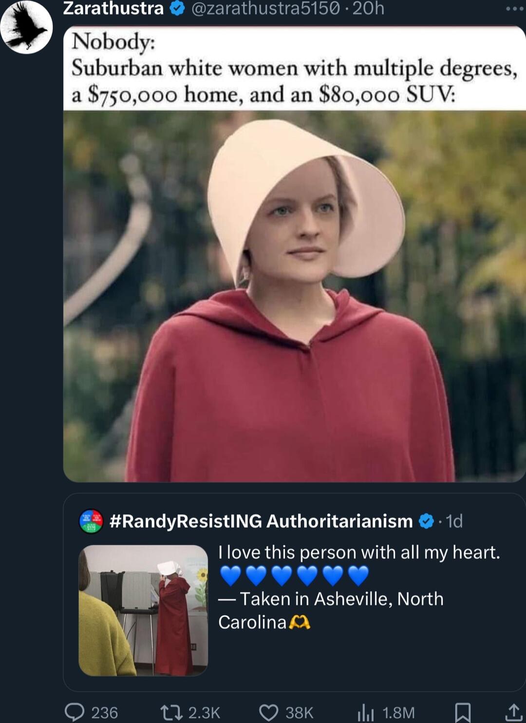 Zarathustra zarathustra5150 201 Nobody Suburban white women with multiple degrees 2 750000 home and an 80000 RandyResistING Authoritarianism 1d 11ove this person with all my heart LAAAALS Taken in Asheville North CarolinafA 259