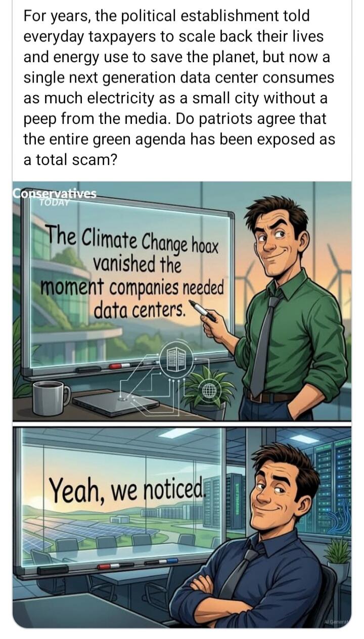 For years, the political establishment told everyday taxpayers to scale back their lives and energy use to save the planet, but now a single next generation data center consumes as much electricity as a small city without a peep from the media. Do patriots agree that the entire green agenda has been exposed as a total scam? Conservatives TODAY The 