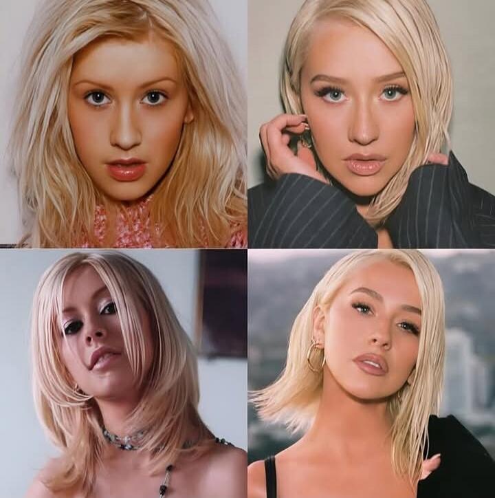 Four portrait photos of a blonde woman in different outfits and poses.