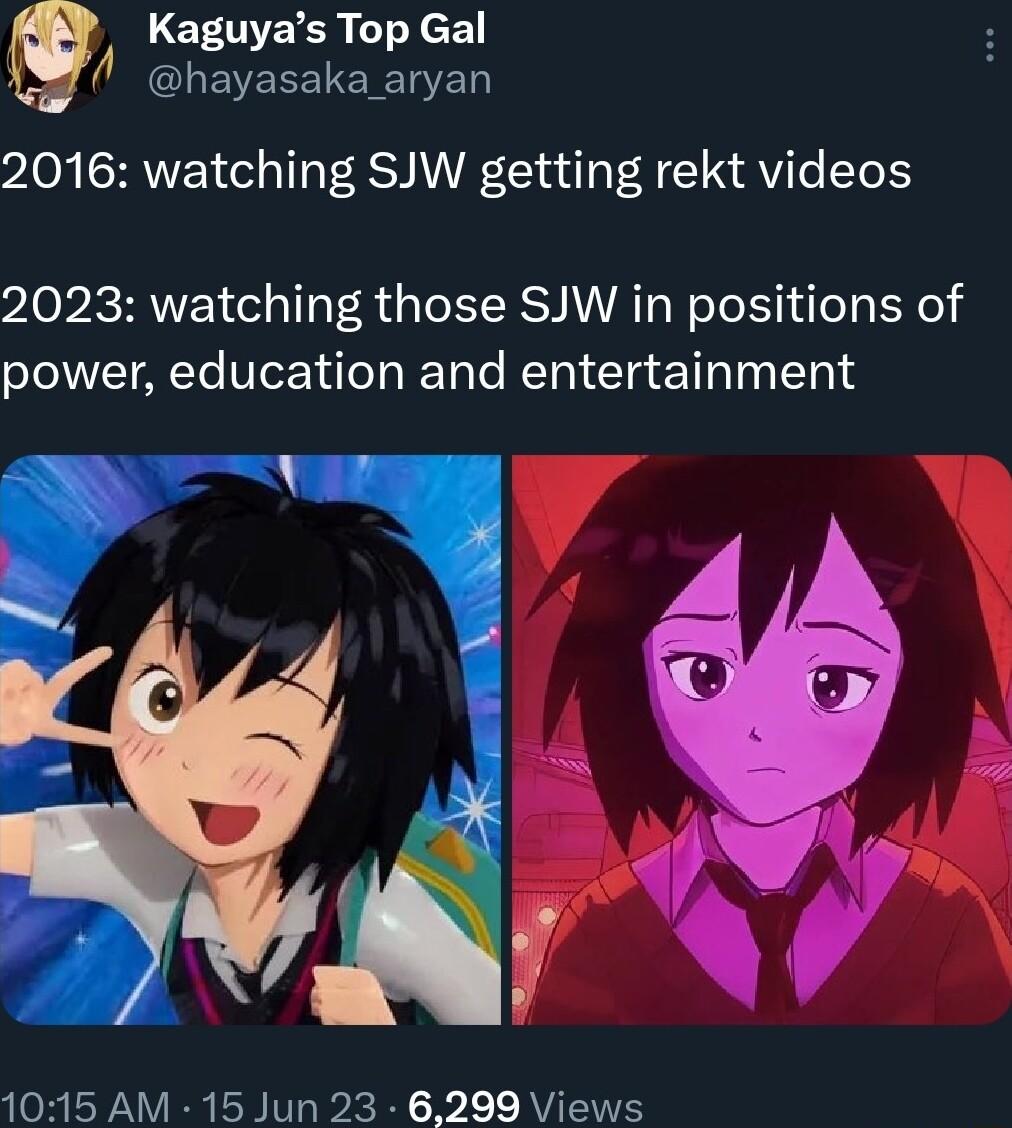 LENECR T X e hayasaka aryan 2016 watching SJW getting rekt videos 2023 watching those SJW in positions of power education and entertainment 1015 AM 15 Jun 23 6299 Views