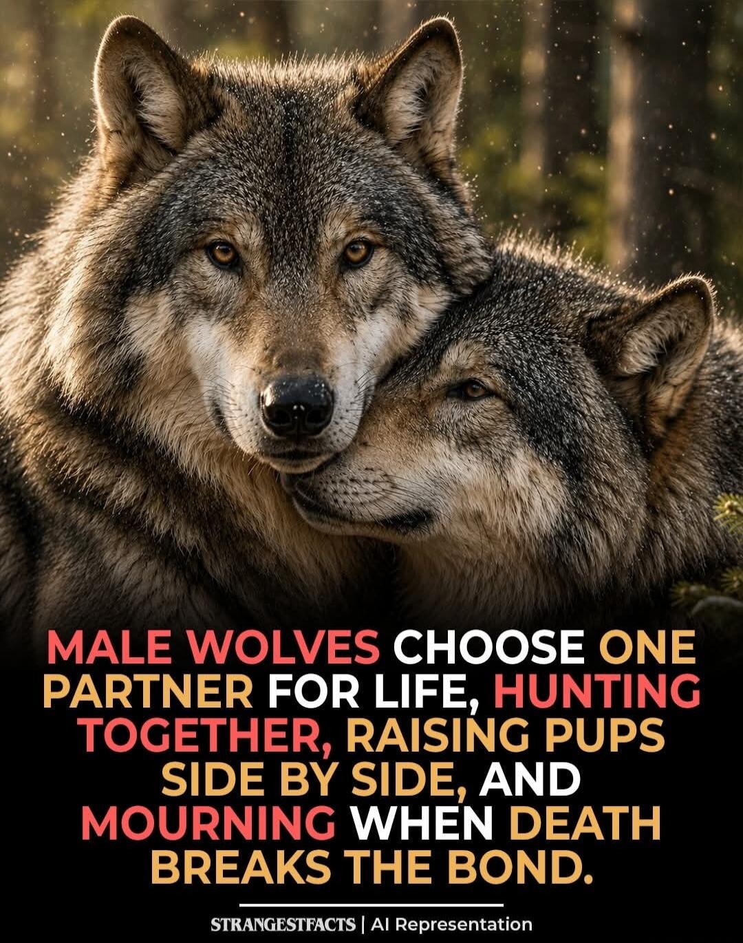 MALE WOLVES CHOOSE ONE PARTNER FOR LIFE, HUNTING TOGETHER, RAISING PUPS SIDE BY SIDE, AND MOURNING WHEN DEATH BREAKS THE BOND. STRANGESTFACTS | AI Representation