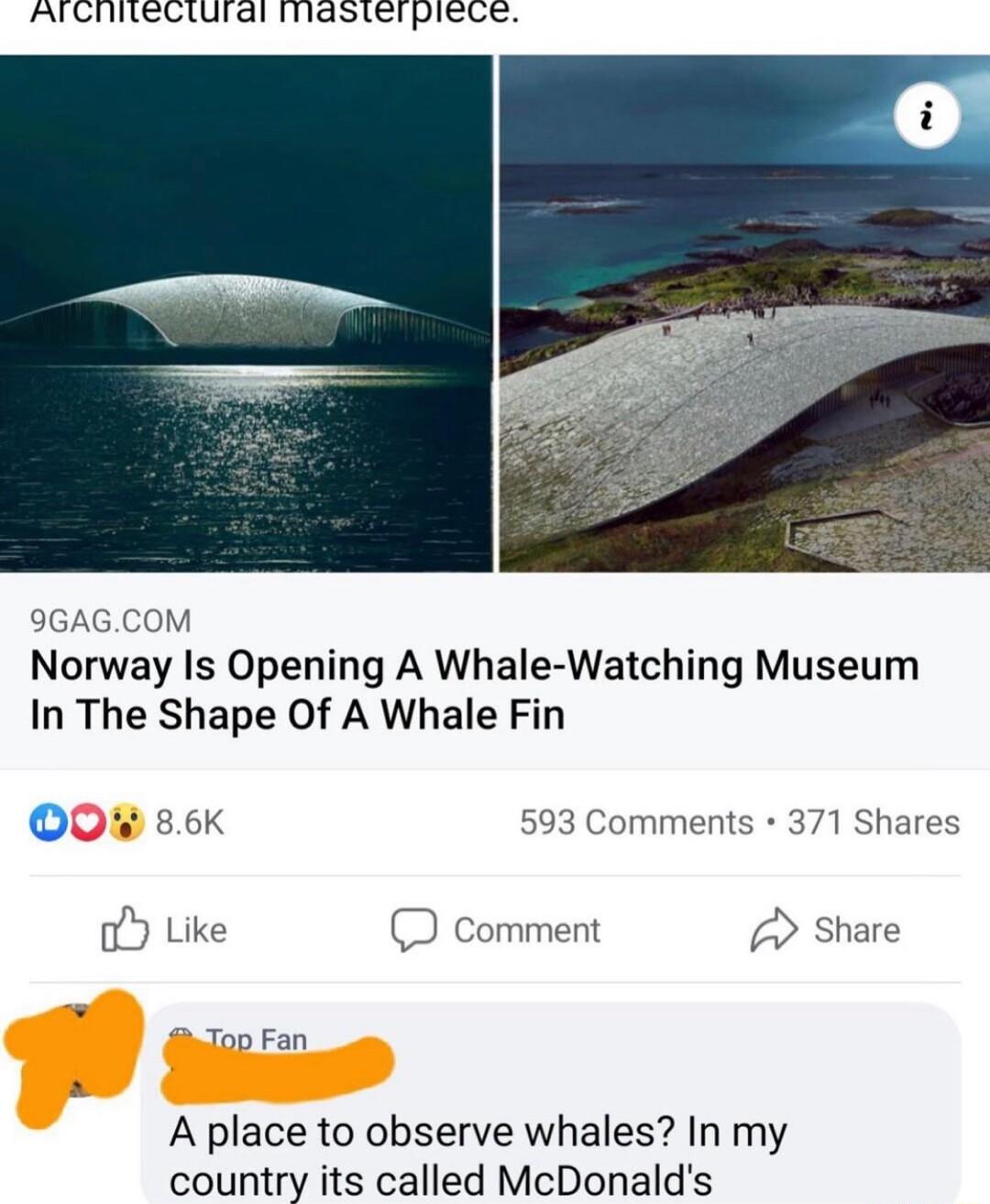 AlChitectdial masterpicce 9GAGCOM Norway Is Opening A Whale Watching Museum In The Shape Of A Whale Fin OO 86k 1 Shares oY Like comment 2 Share dop Fan A place to observe whales In my country its called McDonalds