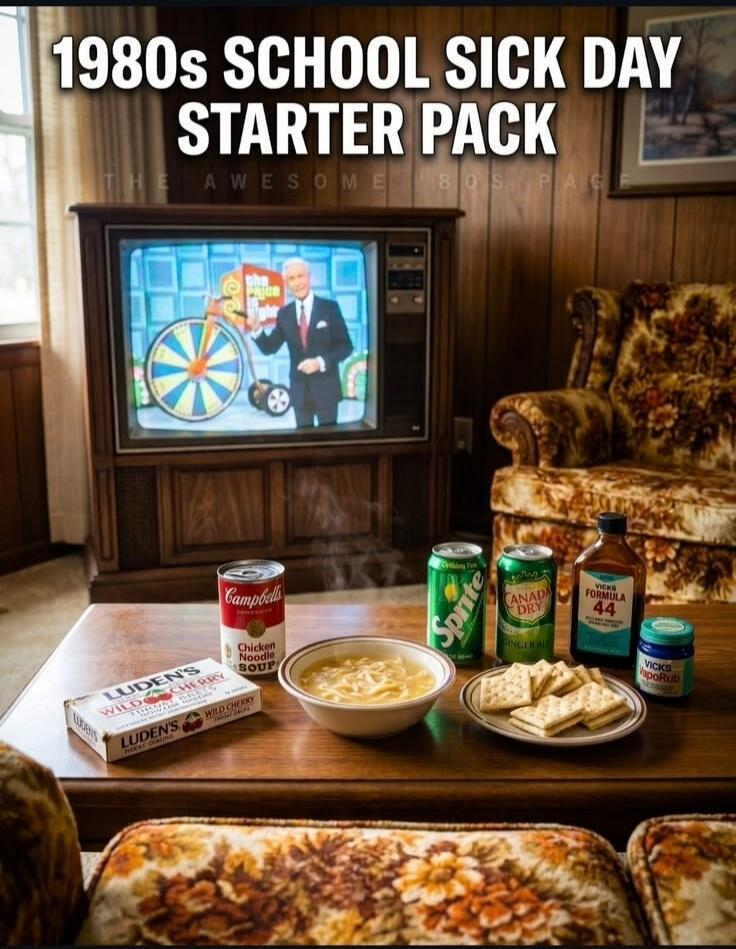 1980s SCHOOL SICK DAY STARTER PACK THE AWESOME 80s PAGE THE PRICE IS RIGHT Campbell's Chicken Noodle Soup Luden's Wild Cherry Sprite Canada Dry Ginger Ale Vicks Formula 44 Vicks VapoRub