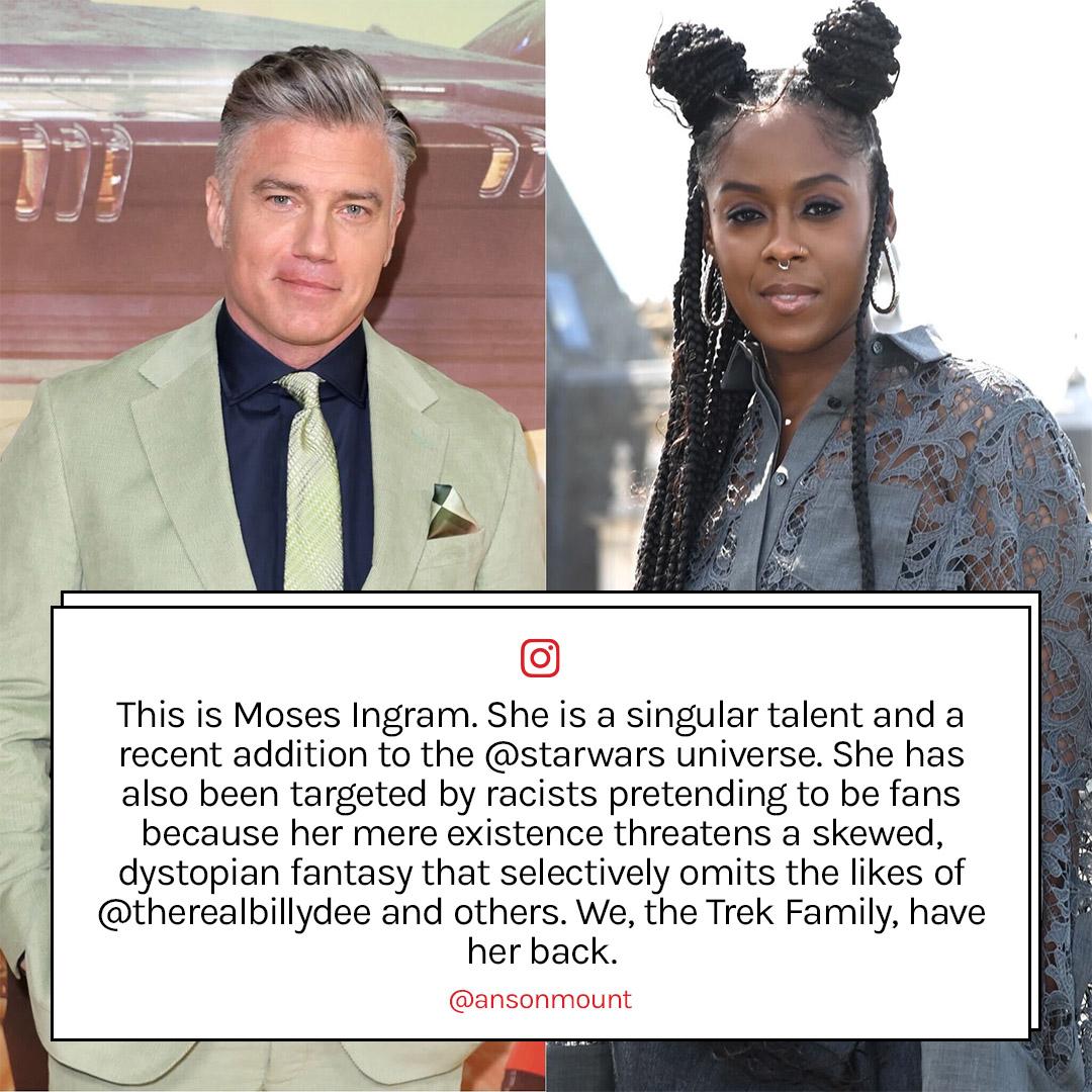 This is Moses Ingram She is a singular talent and a recent addition to the starwars universe She has also been targeted by racists pretending to be fans because her mere existence threatens a skewed dystopian fantasy that selectively omits the likes of therealbillydee and others We the Trek Family have her back 0 ansonmount