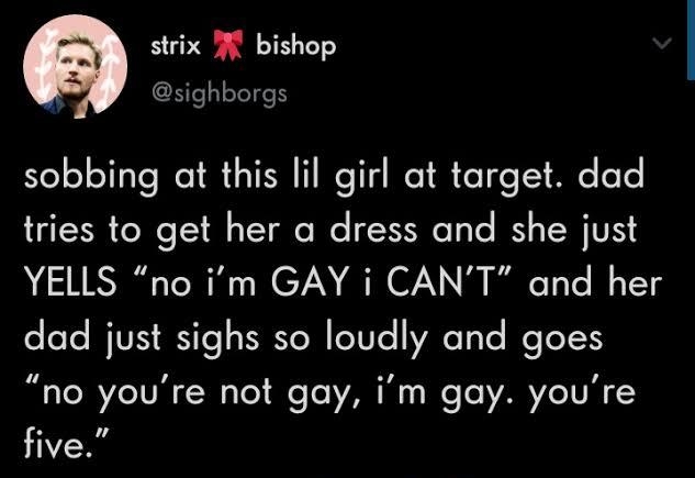 strix bishop sighborgs sobbing at this lil girl at target dad tries to get her a dress and she just YELLS no im GAY i CANT and her dad just sighs so loudly and goes no youre not gay im gay youre five 1021 PM 25 Jan 20 Twitter for iPhone