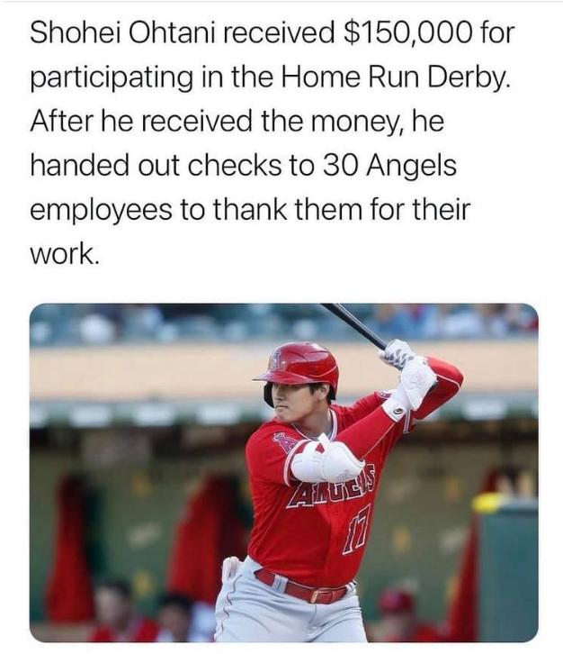 Shohei Ohtani received 150000 for participating in the Home Run Derby After he received the money he handed out checks to 30 Angels employees to thank them for their work