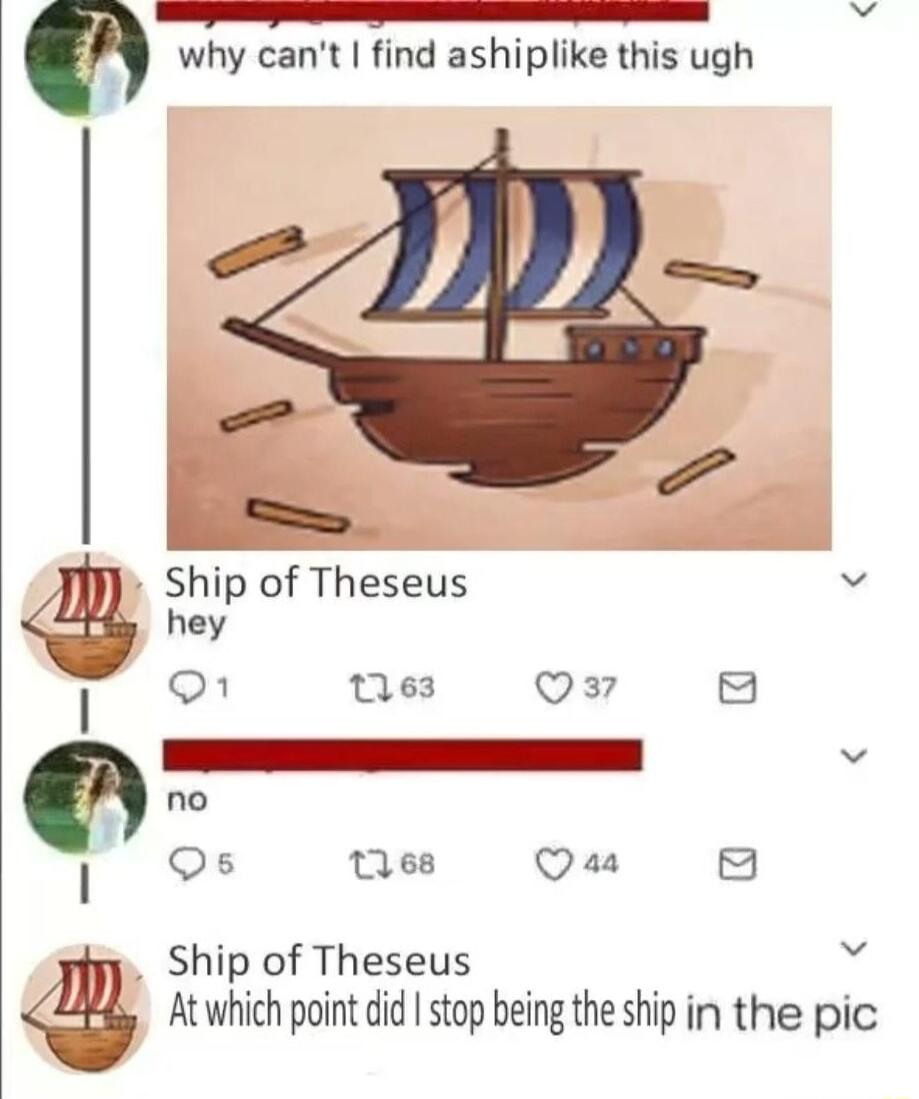 o why cant find ashiplike this ugh Ship of Theseus hey I 63 Q37 8 Qs Qes Qaa 8 Ship of Theseus i Atwhich point did stop being the ship in the pic