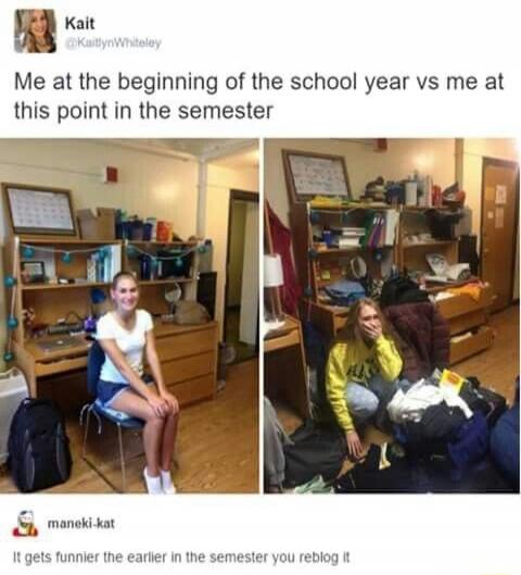 Kait @KaitlynWhiteley Me at the beginning of the school year vs me at this point in the semester maneki-kat It gets funnier the earlier in the semester you reblog it