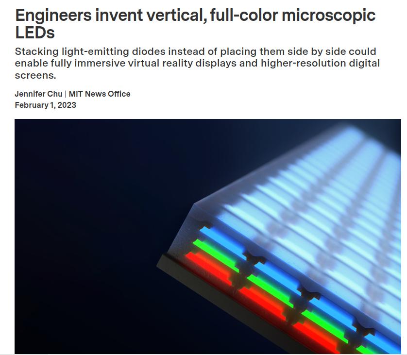Engineers invent vertical full color microscopic LEDs Stacking light emitting diodes instead of placing them side by side could enable fully immersive virtual reality displays and higher resolution digital Sonnifer G WIT News Ofica