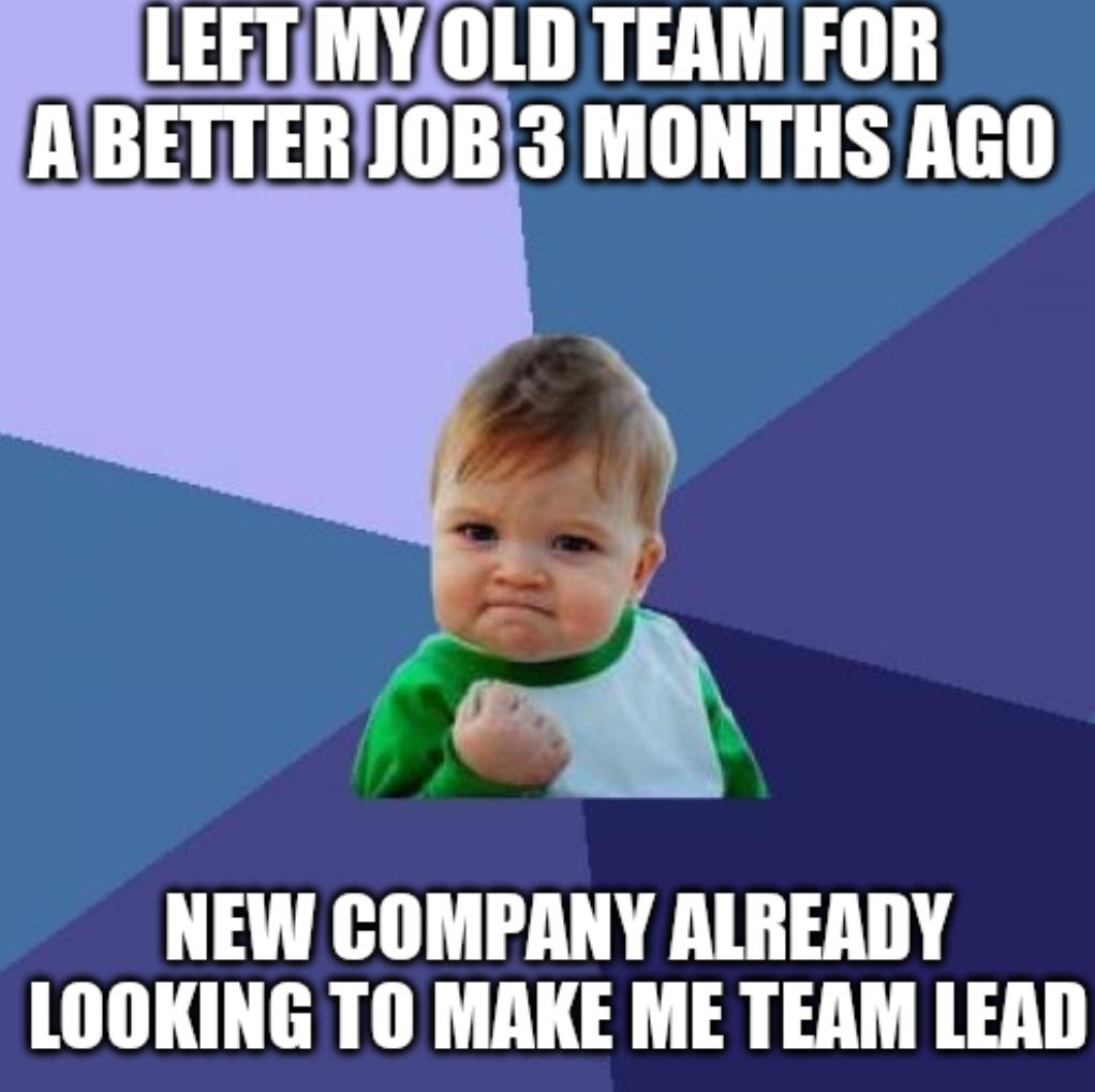 LEETMYOLD TEAM FOR ABETTERJOB3 MONTHS AGO NEW COMPANY ALREADY LOOKING TO MAKE ME TEAM LEAD