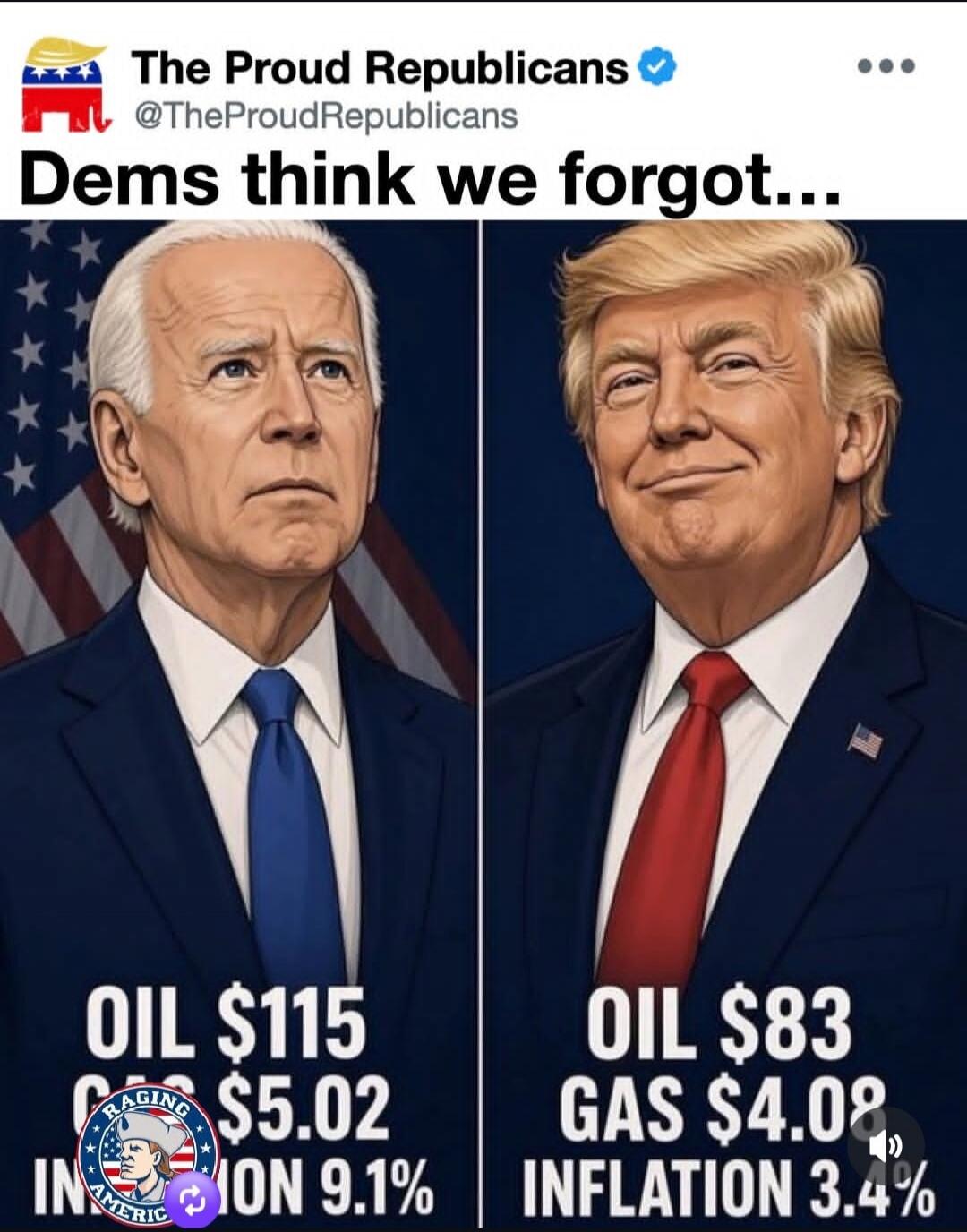The Proud Republicans @TheProudRepublicans Dems think we forgot... OIL $115 GAS $5.02 INFLATION 9.1% OIL $83 GAS $4.08 INFLATION 3.4% RAGING AMERICA