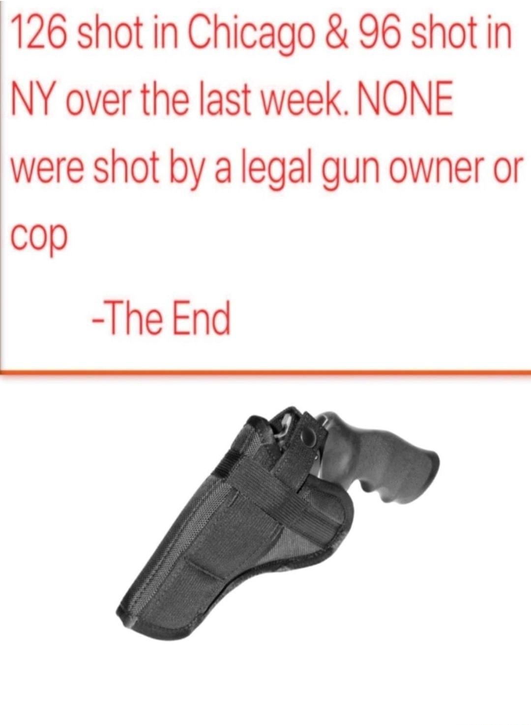 126 shot in Chicago 96 shot in NY over the last week NONE were shot by a legal gun owner or cop The End