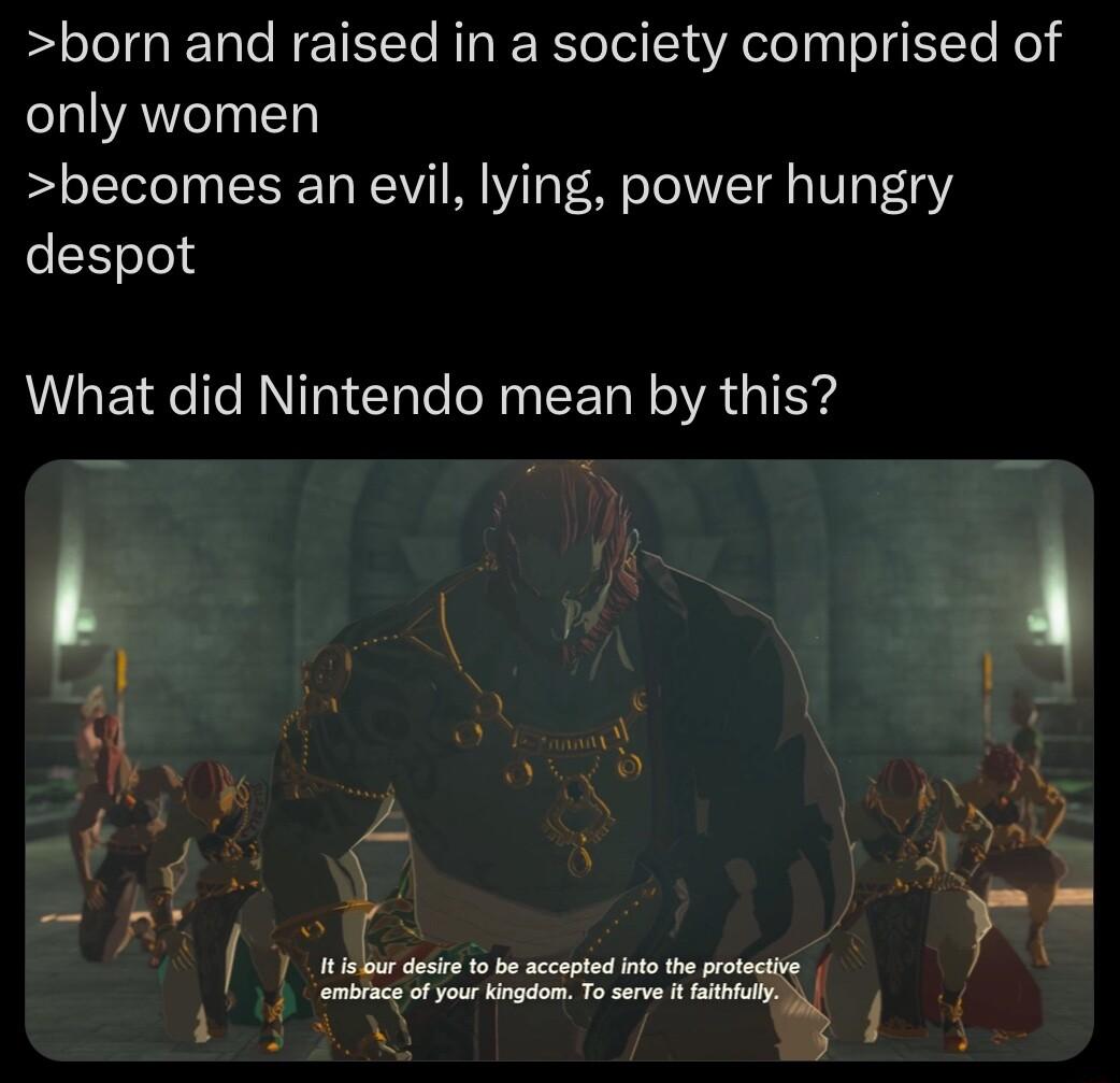 born and raised in a society comprised of only women becomes an evil lying power hungry despot What did Nintendo mean by this