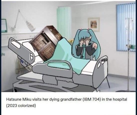 Hatsune Miku visits her dying grandfather IBM 704 in the hospital 2023 colorized